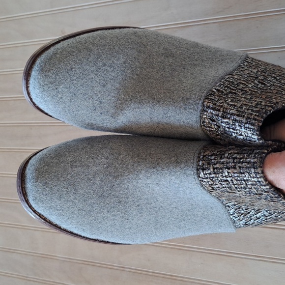 Toms Leila Gray Silver Metallic Tweed 8.5 W Short Gray Wool Chunky Heel Boots - Picture 3 of 10
